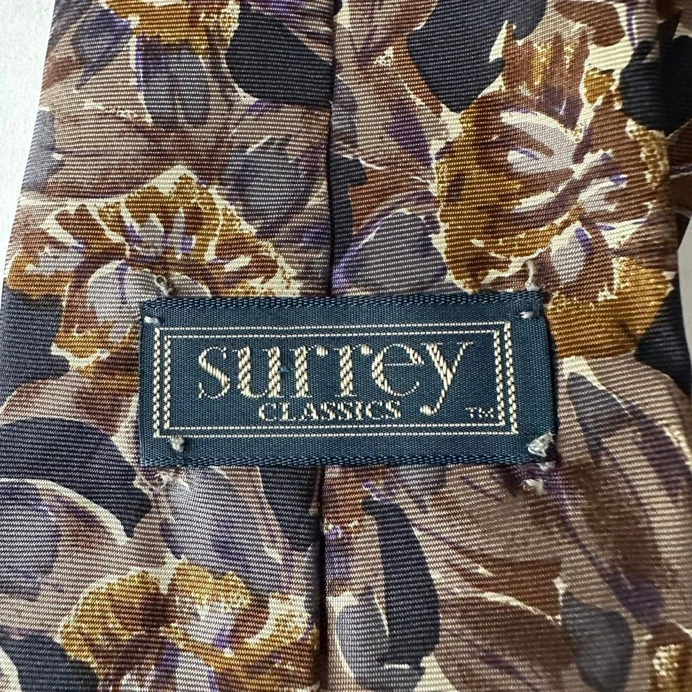 Surrey Classics Mens Silk Floral Necktie Brown Gold Purple Professional Autumn